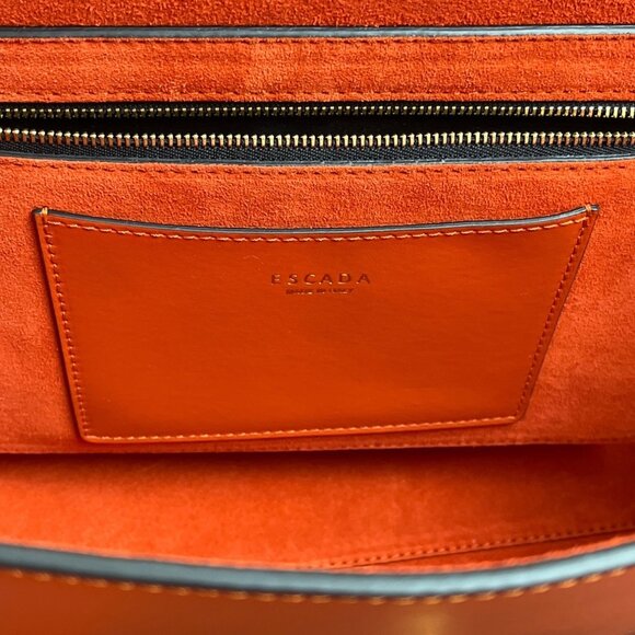 Escada Tropical Orange Leather Suede Adjustable Strap W Padlock Women Tote Sz M - Picture 11 of 16